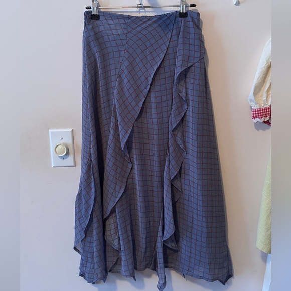 Dresses & Skirts - Asymmetrical Ruffle Wrap Skirt in Slate Blue Check